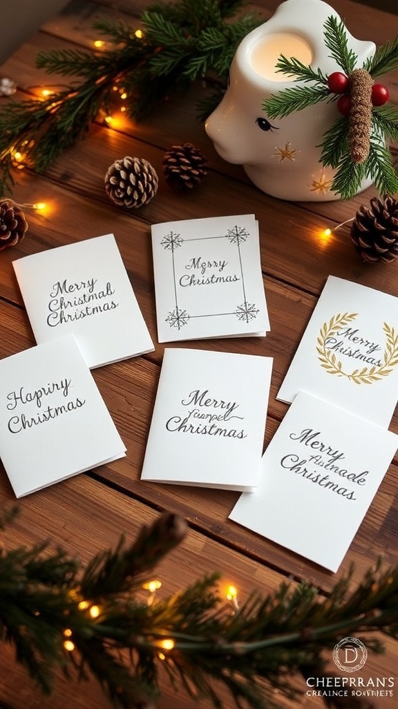 Elegant handmade Christmas cards with simple designs on a rustic table.
